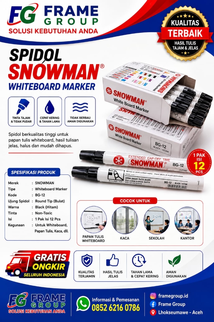Spidol Snowman Whiteboard Marker BG-12 (Pak Isi 12)